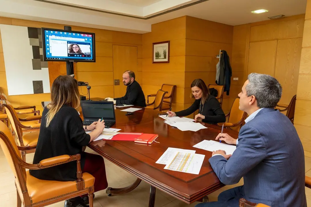 El vicepresidente de Cantabria, Pablo Zuloaga, y la consejera de Acci&oacute;n Exterior, Paula Fern&aacute;ndez, en una videoconferencia con la Delegaci&oacute;n del Gobierno