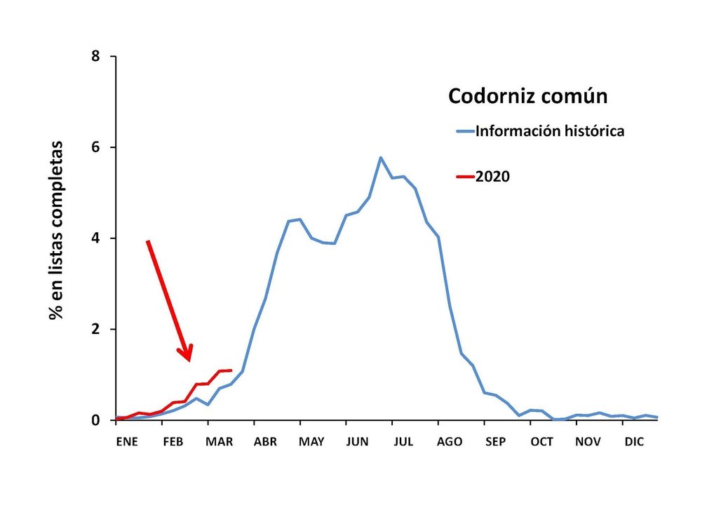 Distribución de la llegada de población de codorniz común a la Península Ibérica en 2020