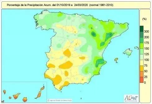 Distribuci&oacute;n de las lluvias acumuladas en Espa&ntilde;a desde el 1 de octubre de 2019 hasta el 24 de marzo de 2020.