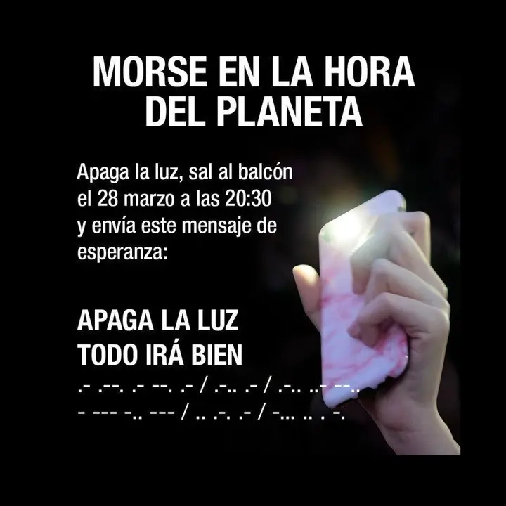 WWF anima a lanzar en morse el mensaje 'Apaga la luz. Todo ir&aacute; bien' este s&aacute;bado por La Hora del Planeta este s&aacute;bado a las 20.30 horas en las ventanas y balcones de toda Espa&ntilde;a.