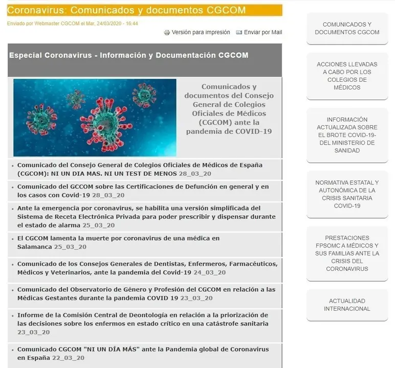 P&aacute;gina web del Consejo General de Colegios Oficiales de M&eacute;dicos (CGCOM) que recopila en un espacio propio toda la informaci&oacute;n sobre el Covid-19