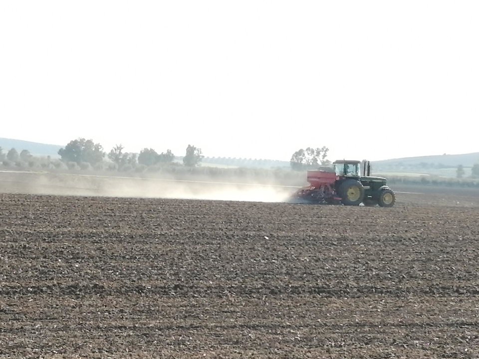 Un agricultor trabaja con su tractor en el campo.