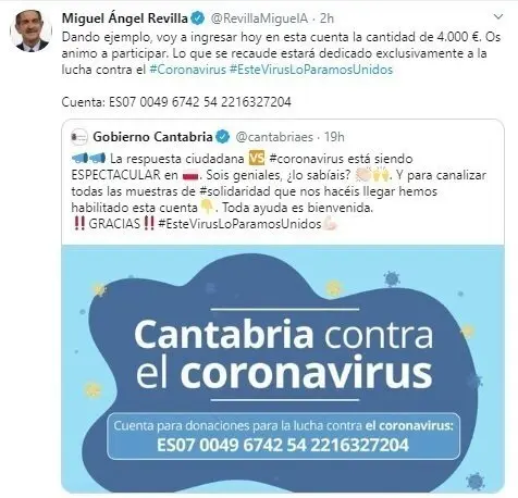 El presidente de Cantabria, Miguel &Aacute;ngel Revilla, anuncia su donanci&oacute;n a la cuenta 'Cantabria contra el coronavirus'