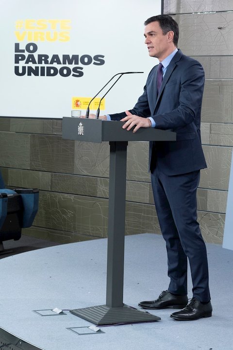 El presidente del Gobierno, Pedro Sánchez, en la comparecencia donde ha confirmado su intención de solicitar al Congreso de los Diputados una nueva prórroga del estado de alarma hasta el próximo 25 de abril.