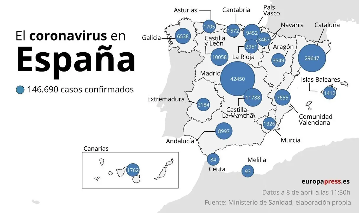 Mapa con casos de coronavirus en Espa&ntilde;a a 8 de abril a las 11:30