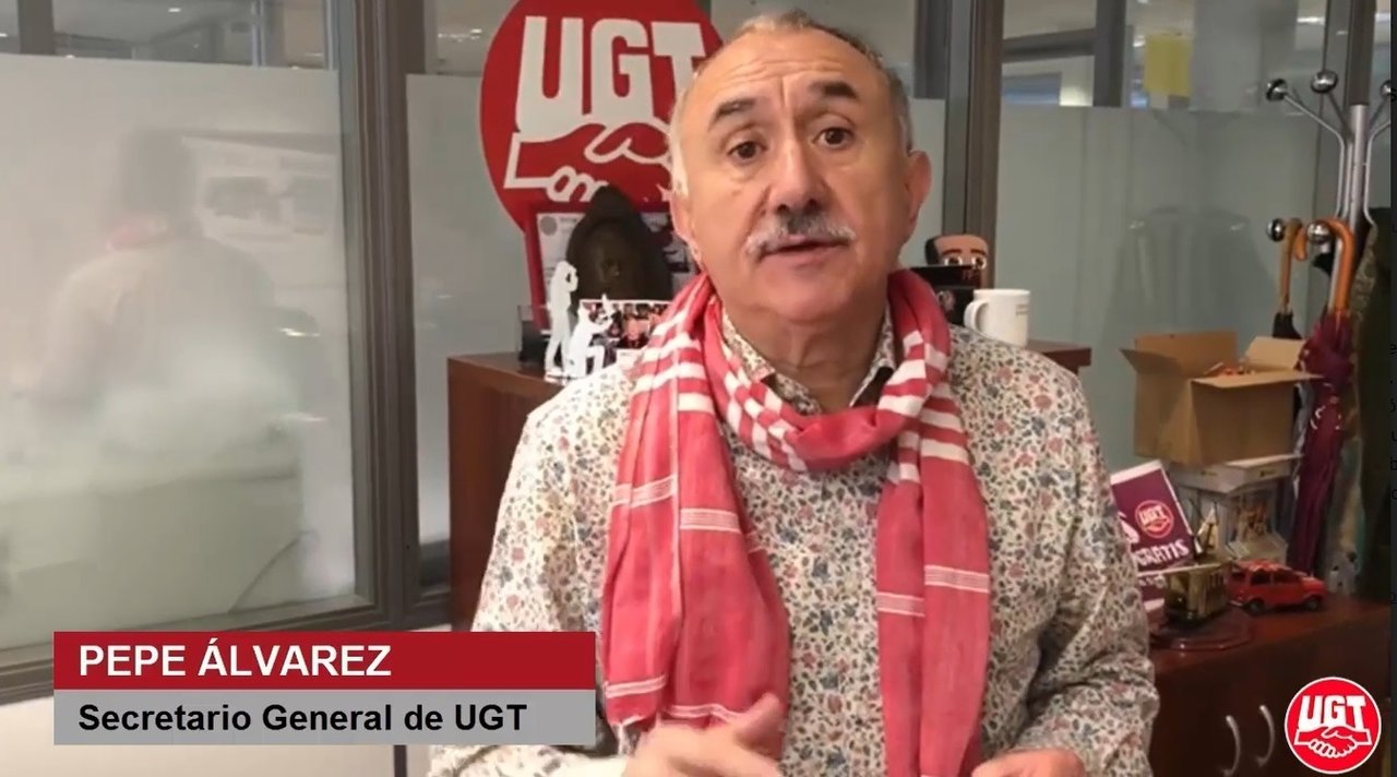 El secretario general de UGT, Pepe Álvarez, en un videocomunicado emitido con motivo de la reactivación de la actividad laboral.