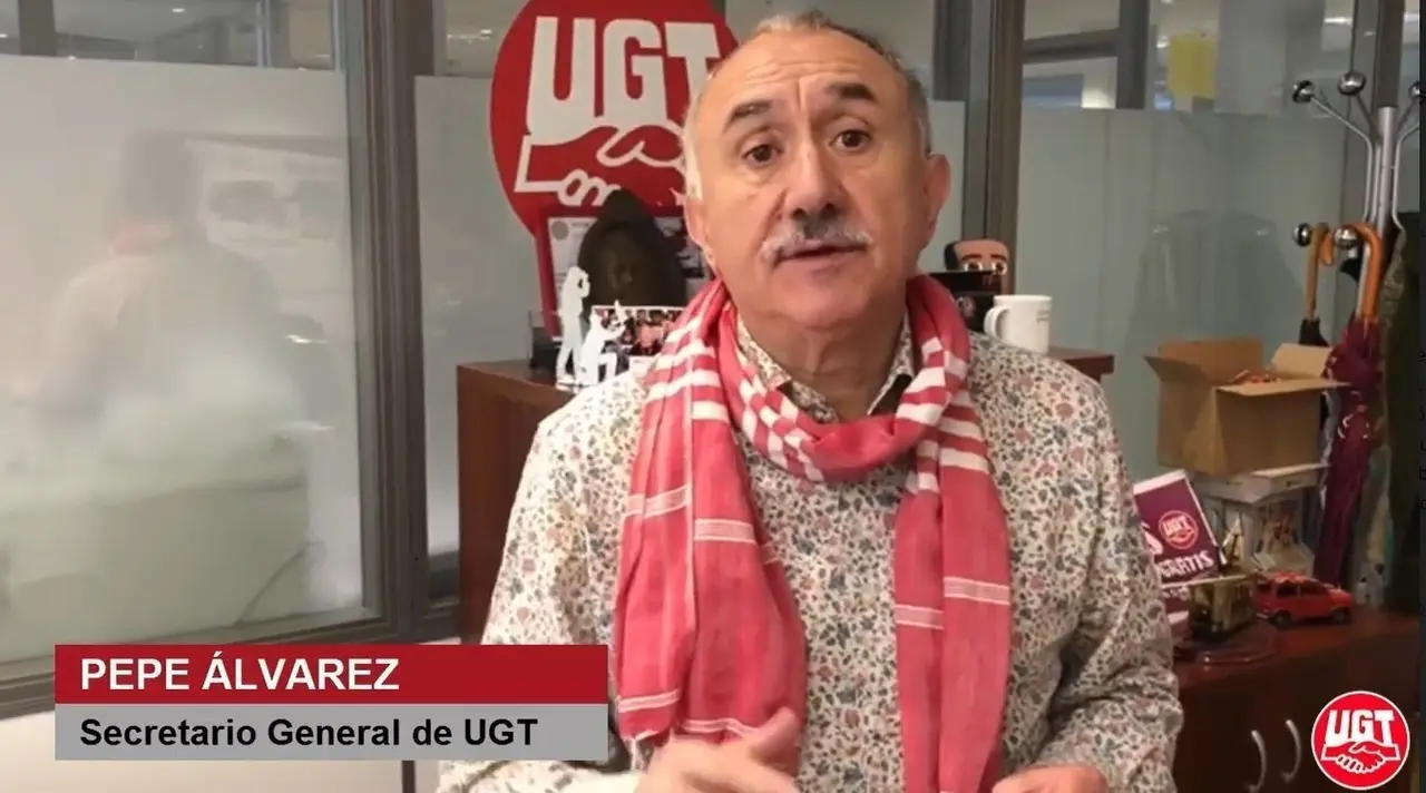 El secretario general de UGT, Pepe &Aacute;lvarez, en un videocomunicado emitido con motivo de la reactivaci&oacute;n de la actividad laboral.