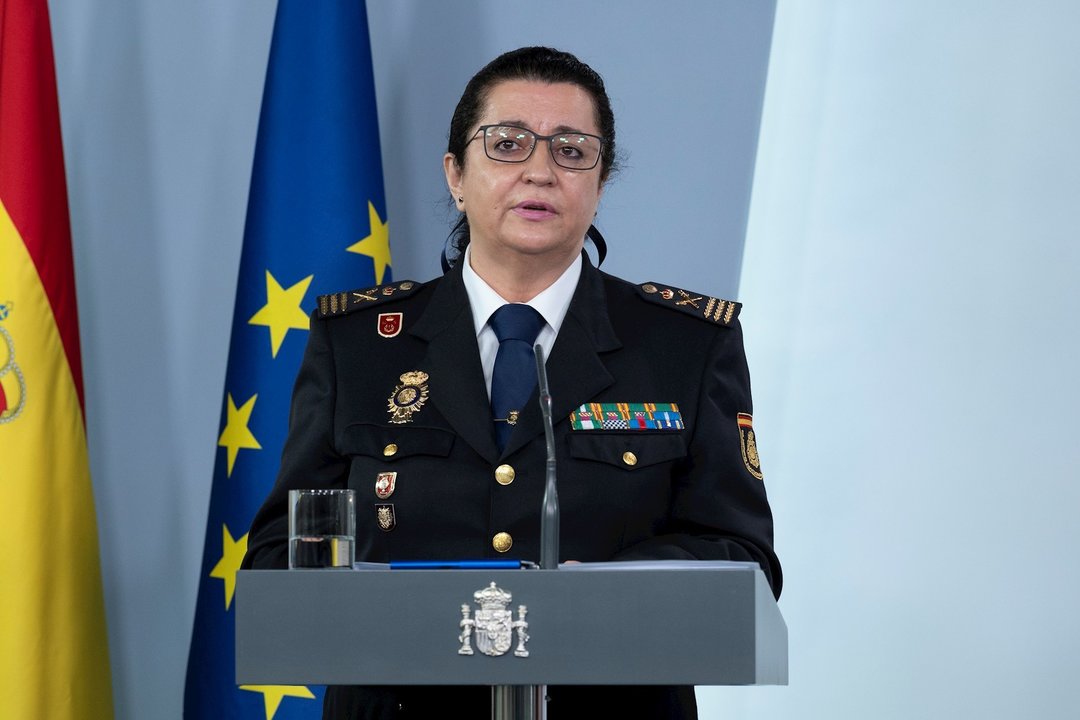 La subdirectora de Recursos Humanos y Formación de la Policía Nacional, Pilar Allúe, interviene durante la rueda de prensa posterior a la reunión del Comité Técnico de Gestión del Covid-19, en Madrid (España) a 12 de abril de 2020.