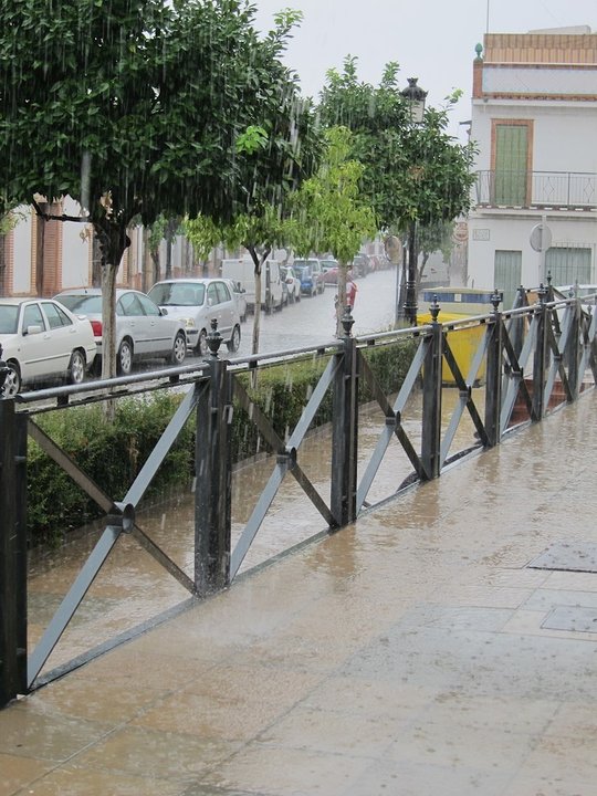 Lluvia en  una calle de La Palma del Condado.       