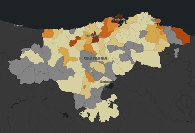 Mapa de casos de COVID por municipios cántabros