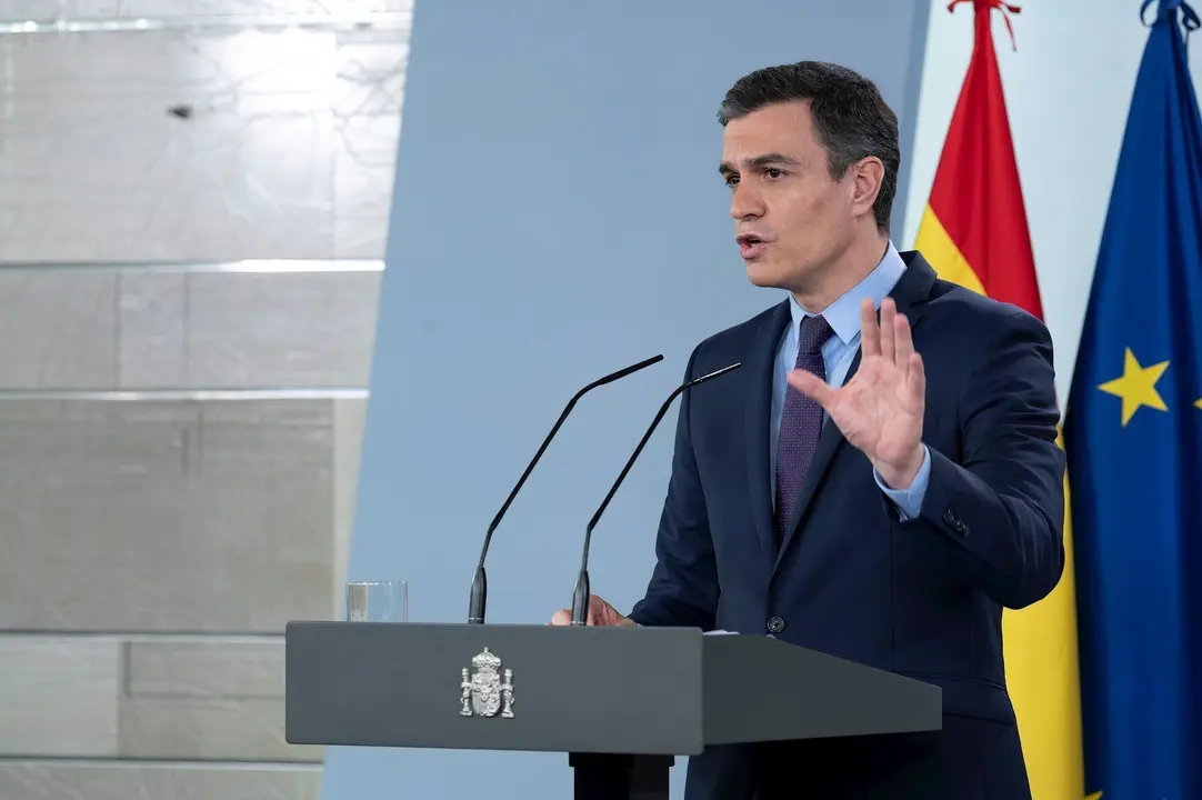 El presidente del Gobierno, Pedro S&aacute;nchez, durante una rueda de prensa en el Palacio de la Moncloa, en Madrid (Espa&ntilde;a) a 12 de abril de 2020.