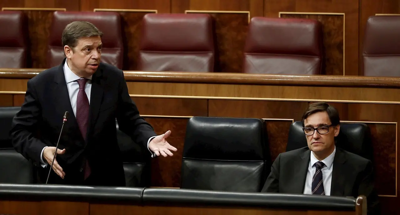El ministro de Agricultura, Pesca y Alimentaci&oacute;n, Luis Planas, junto al ministro de Sanidad, Salvador Illa, interviene en el Pleno del Congreso