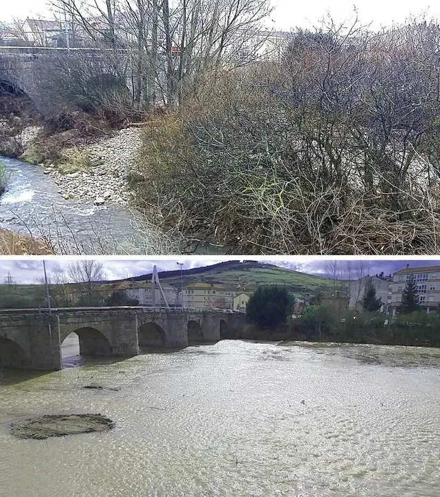 R&iacute;o H&iacute;jar, a su paso por Matamorosa, antes y despu&eacute;s de avanzar en la recuperaci&oacute;n de la capacidad de desag&uuml;e