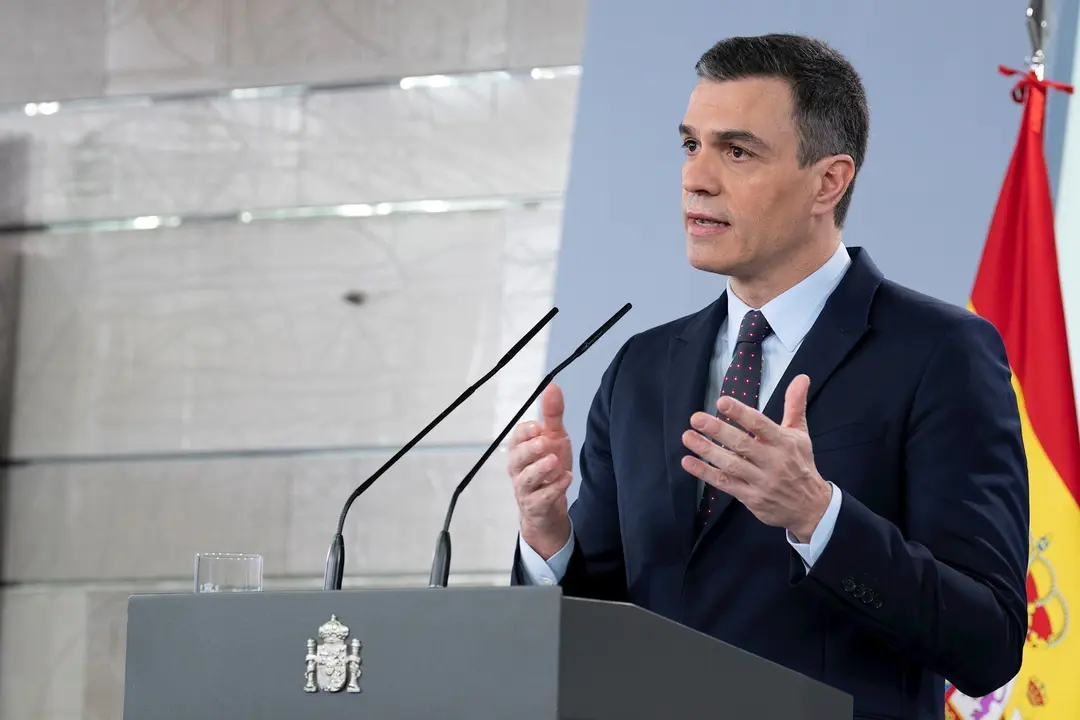 El presidente del Gobierno, Pedro S&aacute;nchez, durante una comparecencia en el Palacio de la Moncloa.