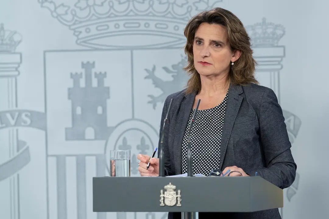 La ministra para la Transici&oacute;n Ecol&oacute;gica y el Reto Demogr&aacute;fico y vicepresidenta cuarta del Gobierno, Teresa Ribera, durante una rueda de prensa tras la videoconferencia entre el presidente del Gobierno, Pedro S&aacute;nchez, y los presidentes auton&oacute;micos, en Mad