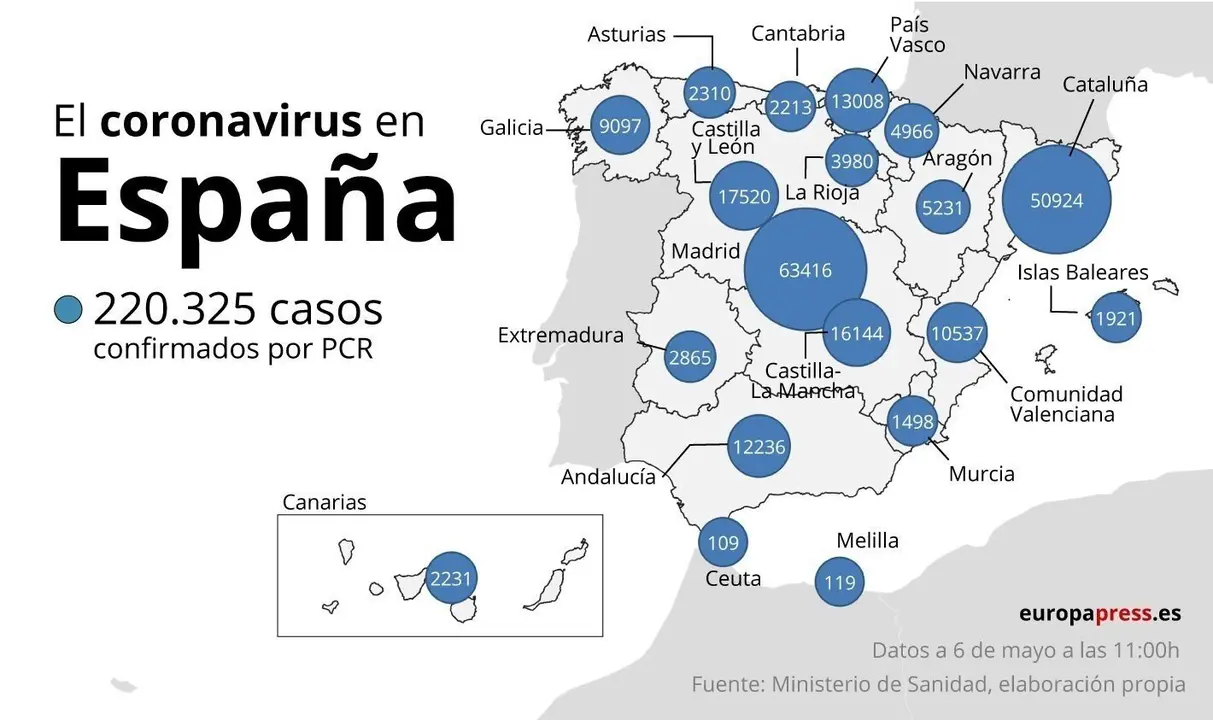 Mapa con casos de coronavirus en Espa&ntilde;a a 6 de mayo a las 11:00