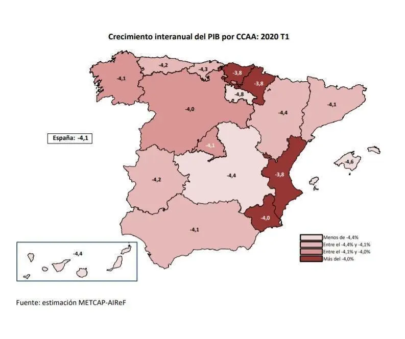 Mapa de Espa&ntilde;a con las previsiones de crecimiento del PIB por comunidades del primer trimestre de 2020, elaborado por la Airef.