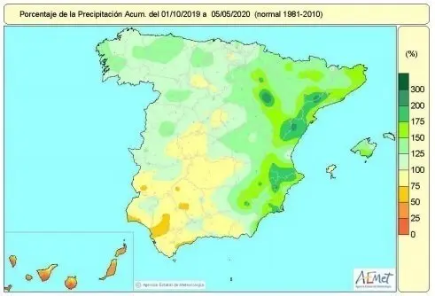 Distribuci&oacute;n de las lluvias acumuladas en Espa&ntilde;a desde que comenz&oacute; el a&ntilde;o hidrol&oacute;gico, el 1 de octubre de 2019, hasta el 5 de mayo de 2020.