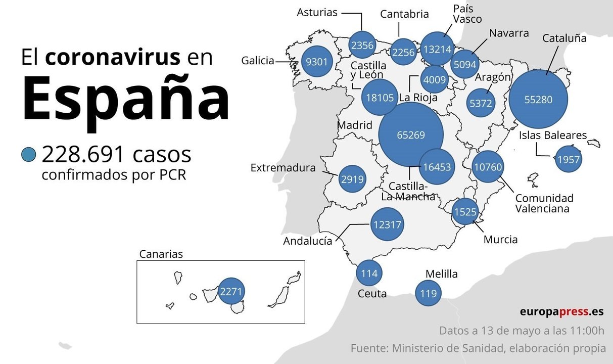Mapa con casos de coronavirus en España a 13 de mayo a las 11:00