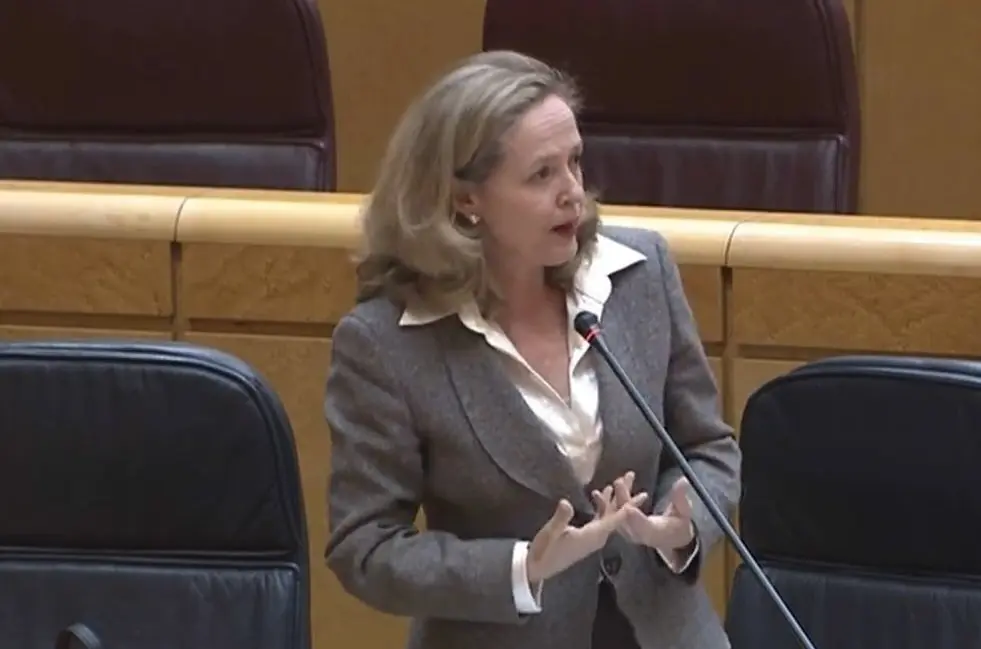 La vicepresidenta tercera y ministra de Asuntos Econ&oacute;micos y Transformaci&oacute;n Digital, Nadia Calvi&ntilde;o, durante la sesi&oacute;n de control al Gobierno en el Senado el d&iacute;a 21 de abril de 2020.