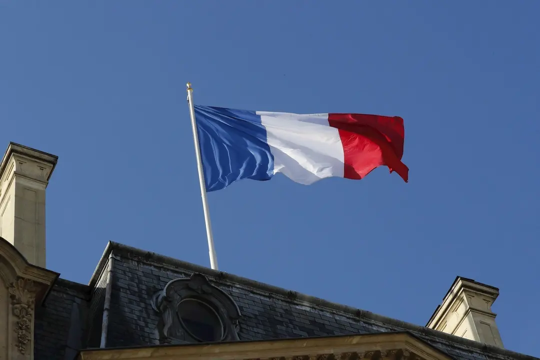 October 14 2019 - Paris, France : French flag floating before France's President Emmanuel Macron received the visit of recently elected President of the European Commission Germany's Ursula von der Leyen at the Elysee Palace (Henri Szwarc/Contacto)