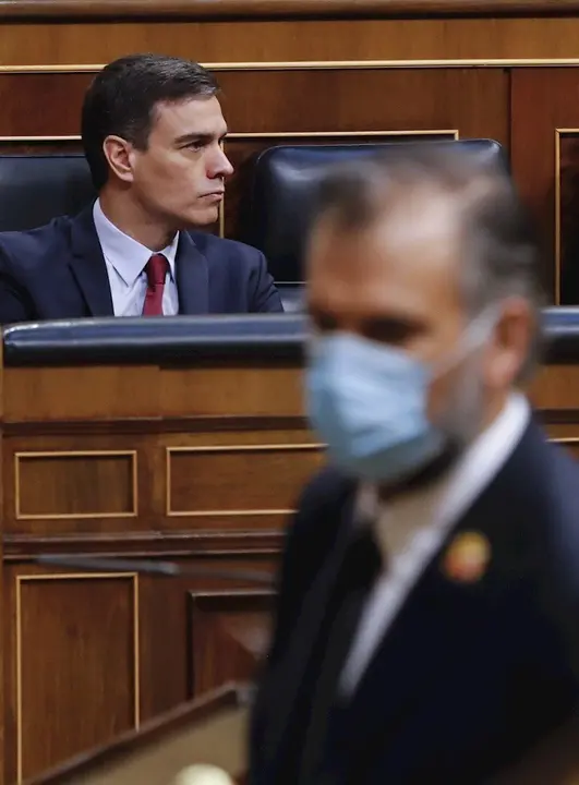El presidente del Gobierno, Pedro S&aacute;ncez durante la sesi&oacute;n de control al ejecutivo que se celebra este mi&eacute;rcoles en el Congreso, en un momento en el que el Gobierno intenta recabar apoyos para aprobar una nueva pr&oacute;rroga del estado de alarma