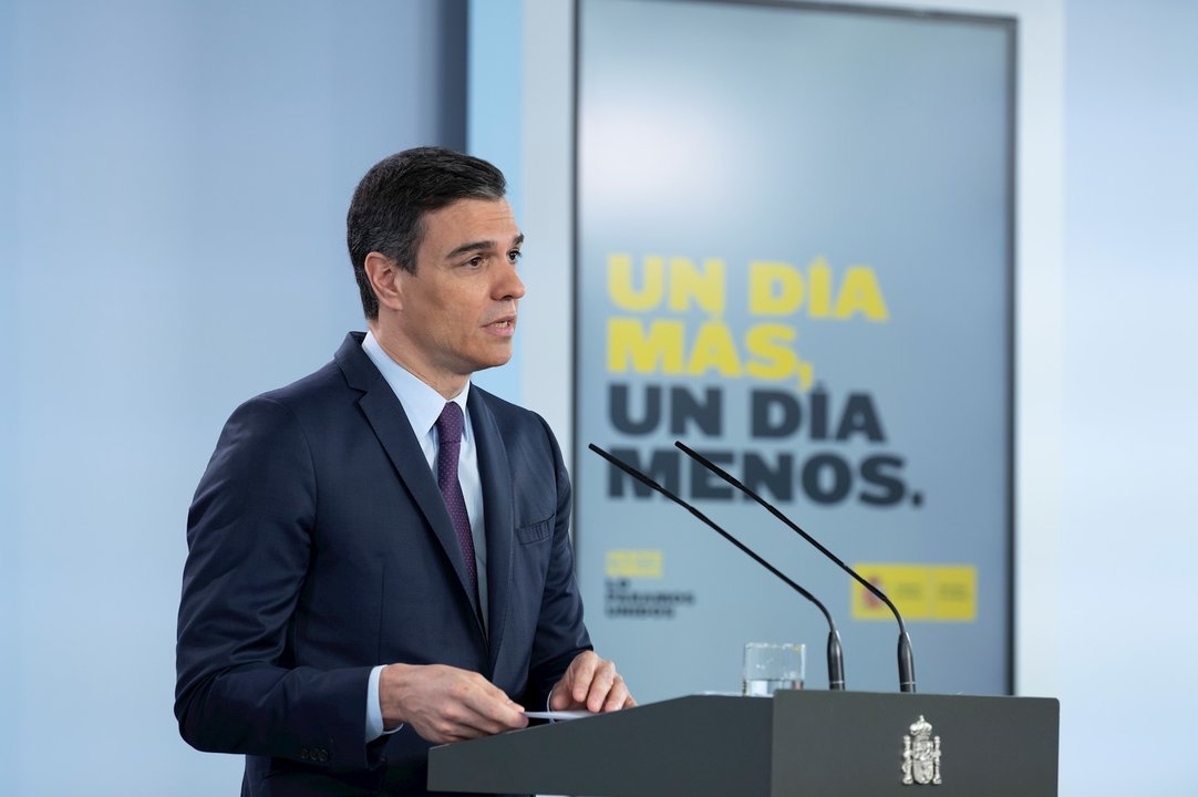 El presidente del Gobierno, Pedro Sánchez, comparece en una rueda de prensa telemática . En Madrid, (España), a 16 de mayo de 2020.