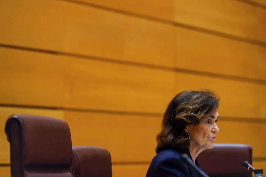 La vicepresidenta primera y ministra de la Presidencia, Relaciones con las Cortes y Memoria Democrática, Carmen Calvo,  en el Senado.