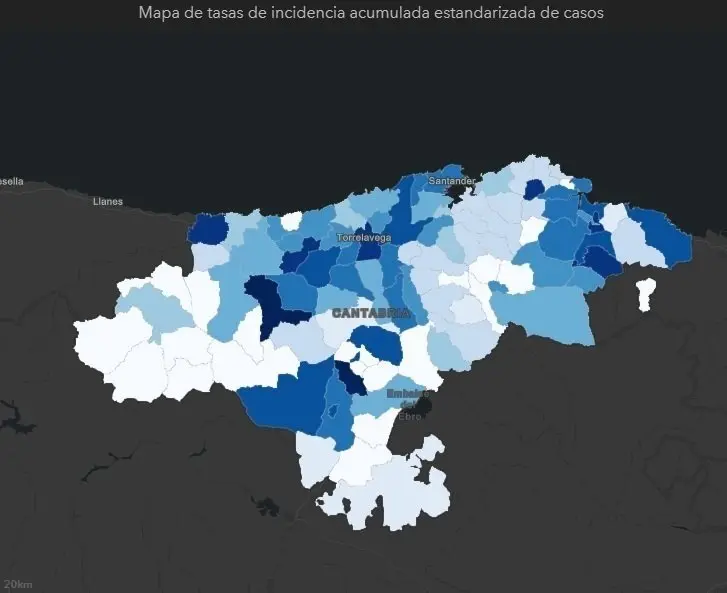 Tasa de incidencia acumulada de COVID-19 en los municipios de Cantabria