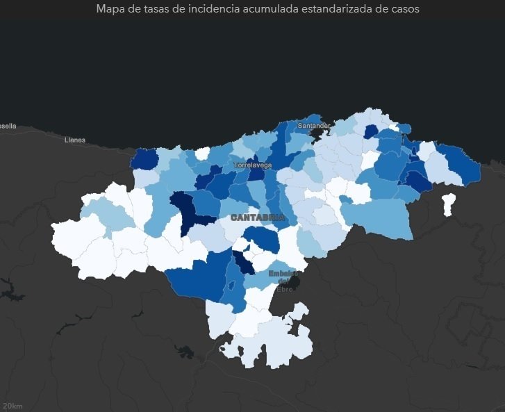 Tasa de incidencia acumulada de COVID-19 en los municipios de Cantabria