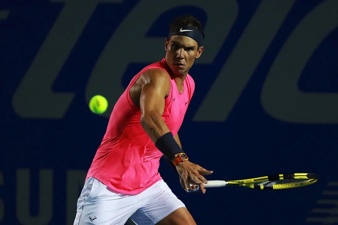 25 February 2020, Mexico, Acapulco: Spanish tennis player Rafael Nadal in action against compatriot Pablo Andujar during their round of 32 match at the Mexican Open tennis tournament in Acapulco. Photo: Francisco Estrada/NOTIMEX/dpa