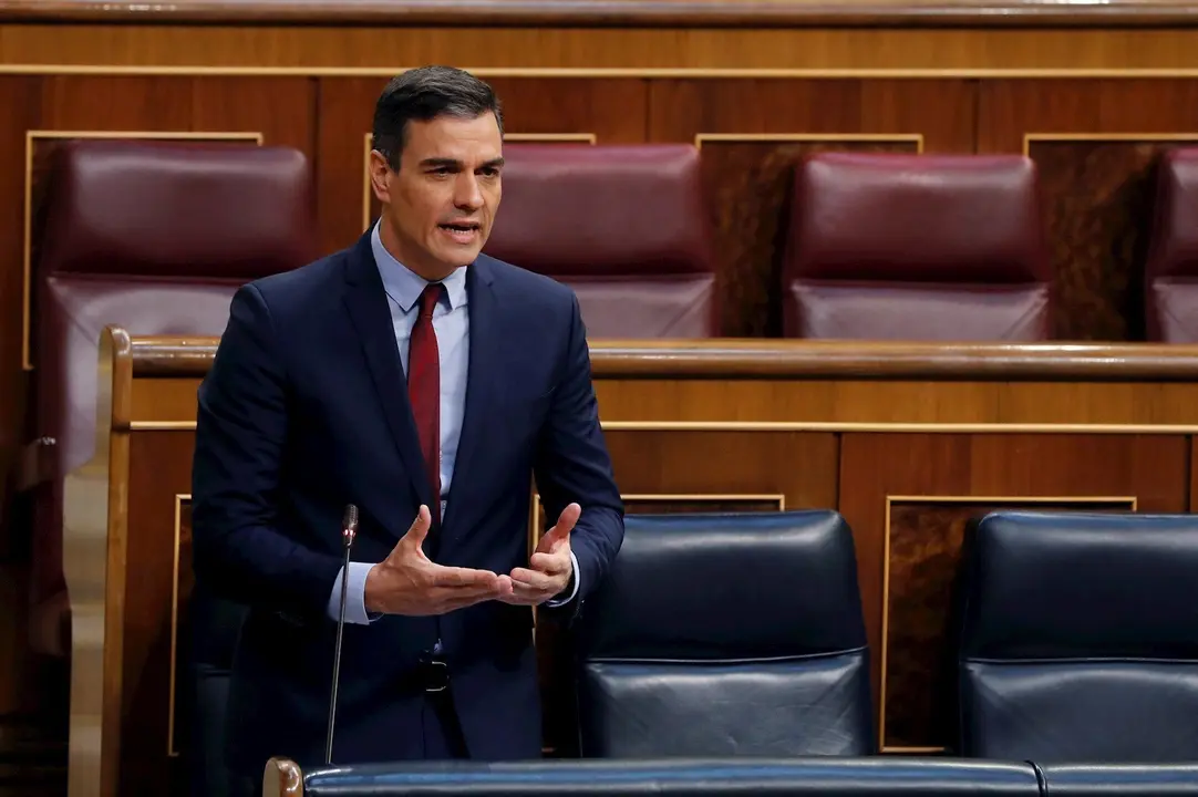 El presidente del Gobierno, Pedro S&aacute;nchez, durante su intervenci&oacute;n en del debate, este mi&eacute;rcoles en el Congreso, de la quinta pr&oacute;rroga del estado de alarma