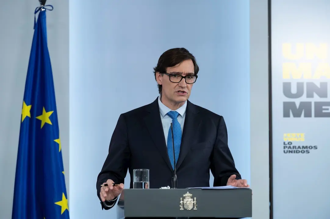 El ministro de Sanidad, Salvador Illa, durante la rueda de prensa posterior al Consejo de Ministros celebrado en Moncloa el d&iacute;a 66 del estado de alarma. En Madrid (Espa&ntilde;a), a 19 de mayo de 2020.