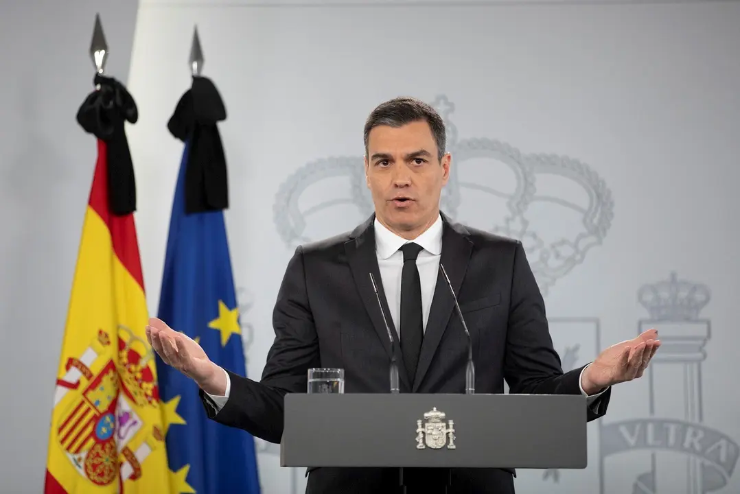 El presidente del Gobierno, Pedro S&aacute;nchez, durante su comparecencia en rueda de prensa tras la videoconferencia con presidentes de comunidades y ciudades aut&oacute;nomas en La Moncloa, en Madrid (Espa&ntilde;a) a 31 de mayo de 2020.