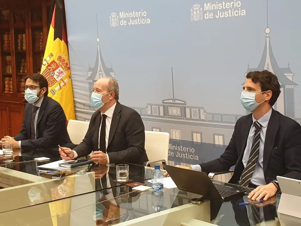 El ministro de Justicia, Juan Carlos Campo, en la reuni&oacute;n de la Comisi&oacute;n de Coordinaci&oacute;n de Crisis del covid-19 en la Administraci&oacute;n de Justicia, el 5 de junio de 2020.