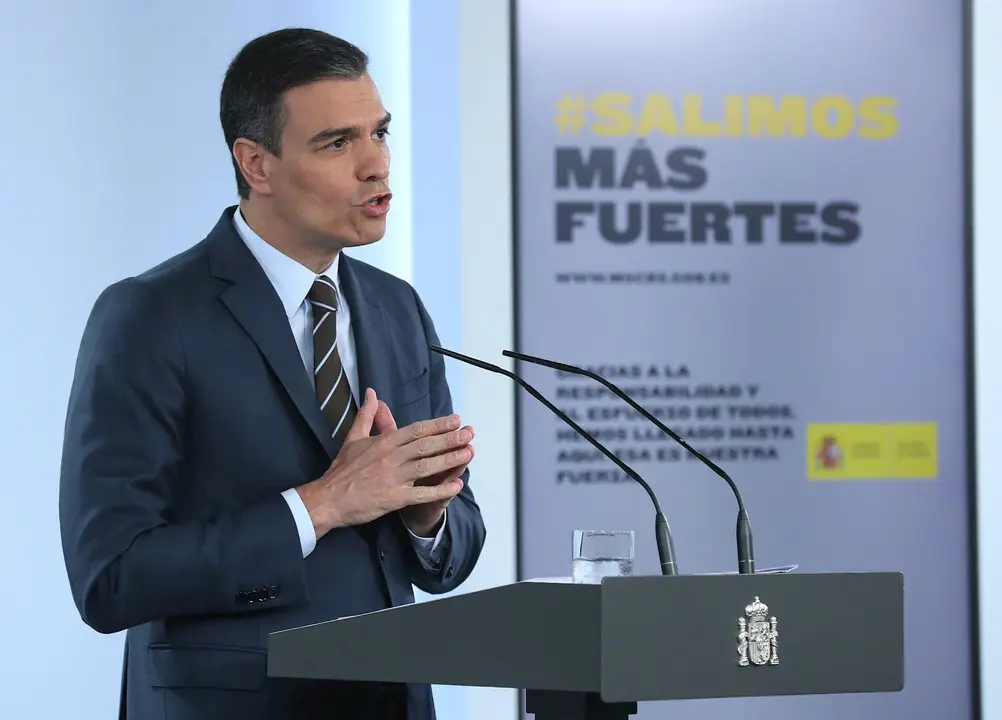El presidente del Gobierno, Pedro S&aacute;nchez, durante una rueda de prensa tras su reuni&oacute;n por videoconferencia con los presidentes auton&oacute;micos, en Madrid (Espa&ntilde;a) a 7 de junio de 2020.