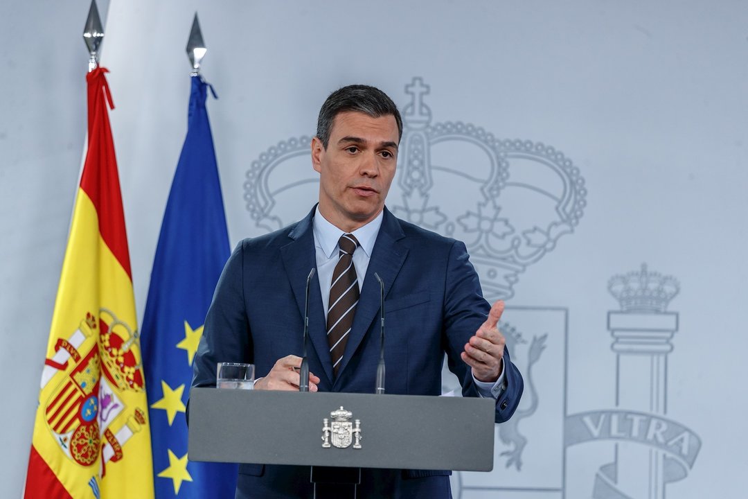 El presidente del Gobierno, Pedro Sánchez, en la rueda de prensa de este domingo en Moncloa.
