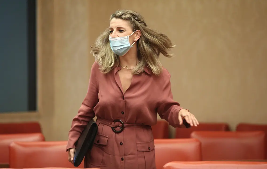 La ministra de Trabajo y Econom&iacute;a Social, Yolanda D&iacute;az, a su llegada a la comparecencia en el Congreso de los Diputados en la Comisi&oacute;n para la Reconstrucci&oacute;n Social y Econ&oacute;mica la semana pasada.