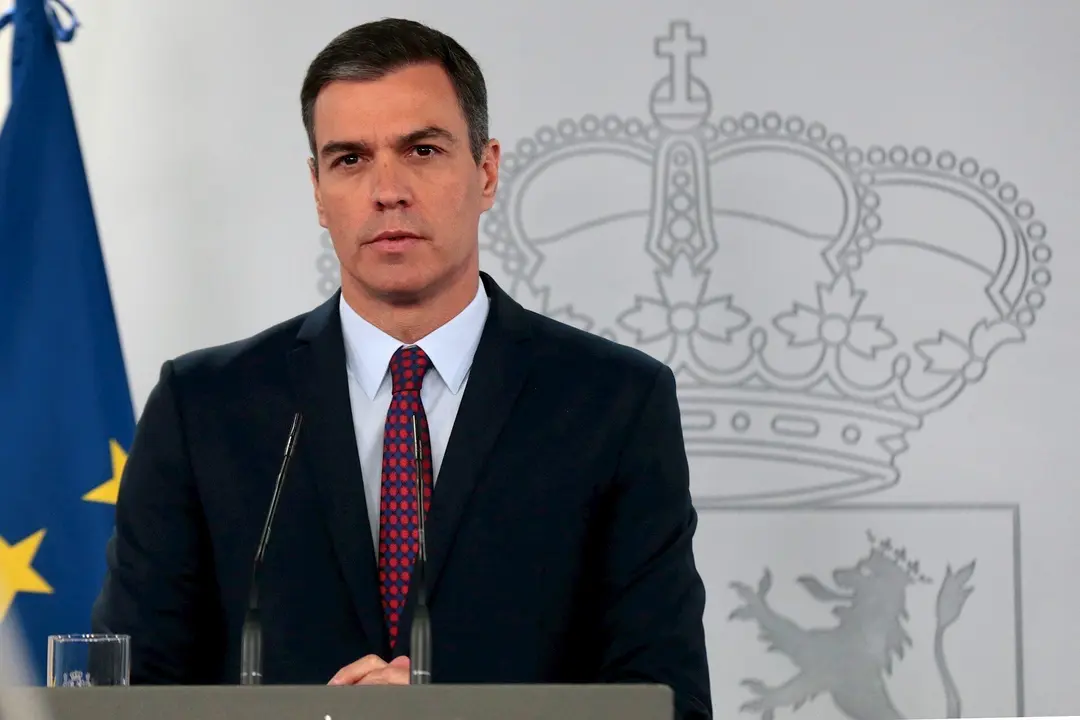 El presidente del Gobierno, Pedro S&aacute;nchez, durante la comparecencia para despedir el estado de alarma donde ha reclamado este s&aacute;bado "unidad" a los partidos pol&iacute;ticos para construir entre todos un pa&iacute;s "m&aacute;s justo y vivible" porque &eacute;ste ser&iacute;a en su opini&oacute;n