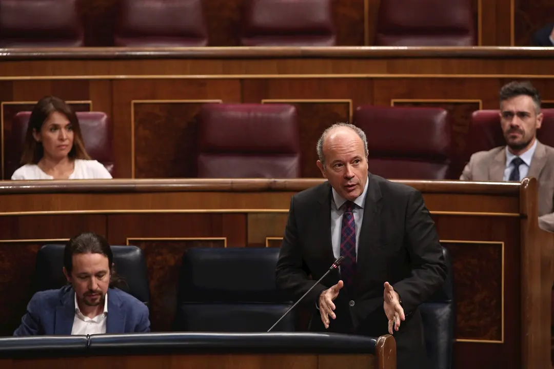 El ministro de Justicia, Juan Carlos Campo, durante su intervenci&oacute;n en la sesi&oacute;n plenaria de Control al Gobierno en el Congreso de los Diputados, donde la gesti&oacute;n durante la crisis sanitaria del Covid-19 contin&uacute;a en el punto de mira. En Madrid, (Espa&ntilde;a), 