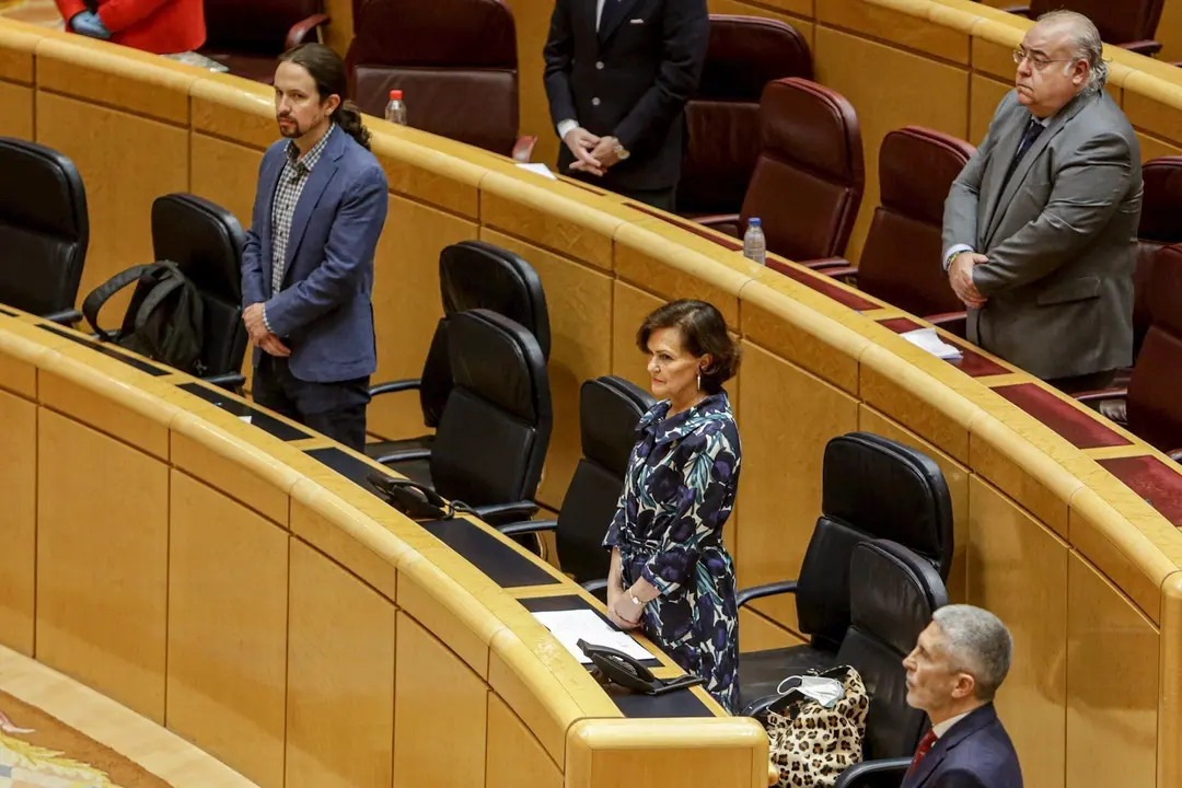 El vicepresidente segundo del Gobierno y ministro de Derechos Sociales y Agenda 2030, Pablo Iglesias; la vicepresidenta primera del Gobierno, Carmen Calvo; y el ministro del Interior, Fernando Grande-Marlaska.