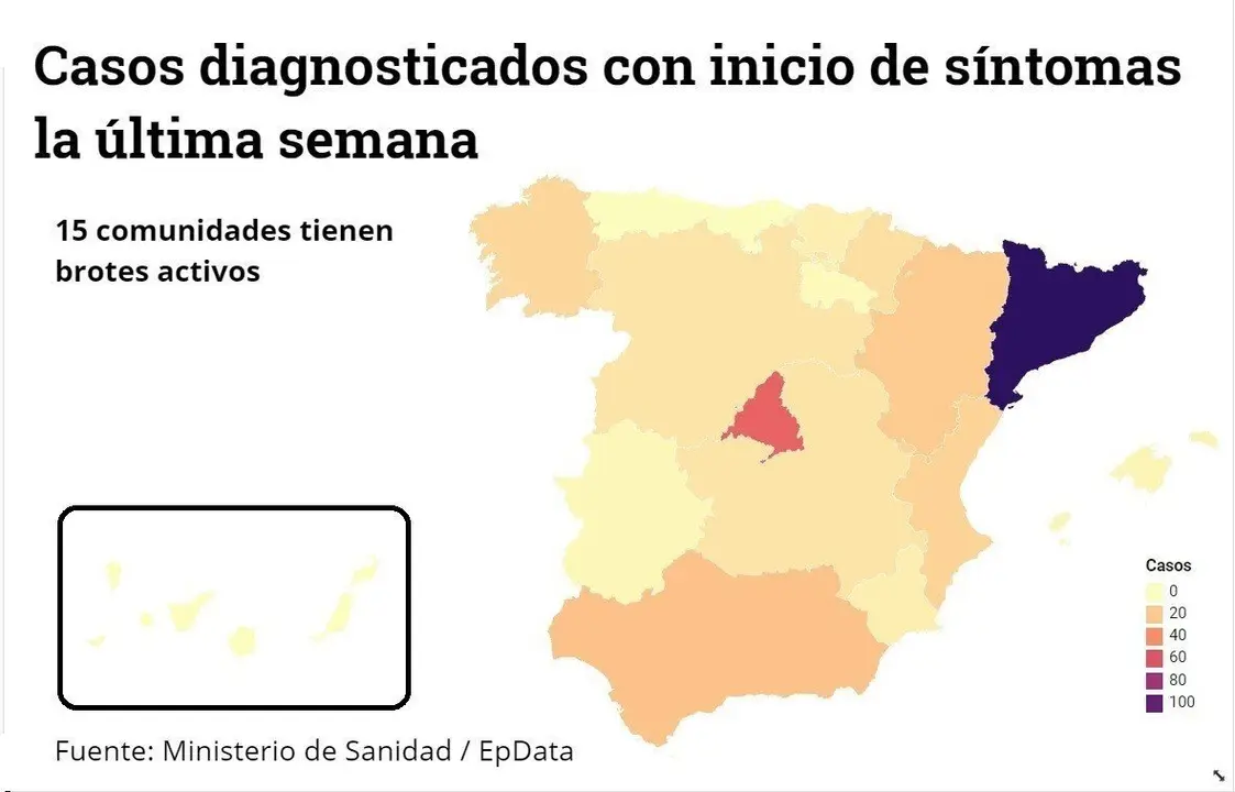 Mapa de los rebrotes: La aparici&oacute;n del brote en Madrid sit&uacute;a ya a 15 Comunidades Aut&oacute;nomas con focos activos.
