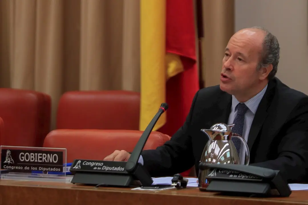El ministro de Justicia, Juan Carlos Campo, durante su comparecencia  ante la Comisi&oacute;n de Justicia del Congreso de los Diputados para explicar las medidas dise&ntilde;adas con el fin de evitar el colapso de los juzgados tras el estado de alarma, en Madrid (Espa&ntilde;