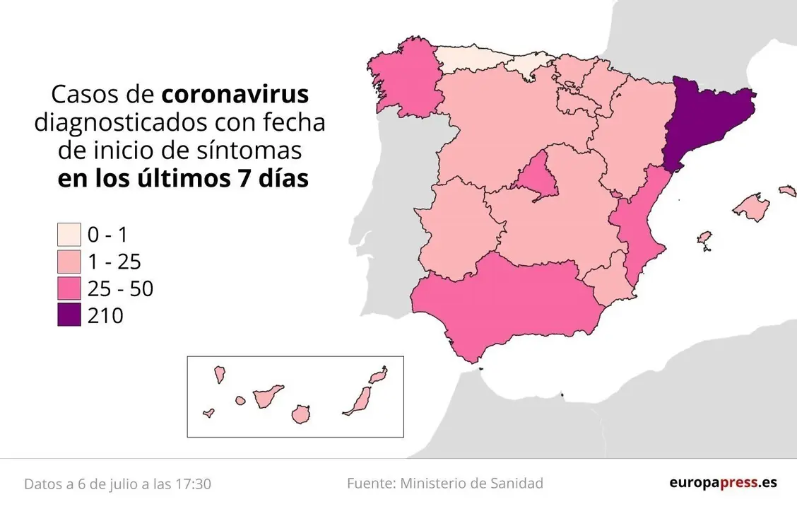 Mapa de casos de coronavirus detectados en los &uacute;ltimos 7 d&iacute;as en Espa&ntilde;a a 6 de julio