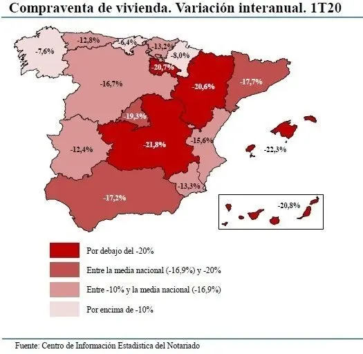 Mapa de Espa&ntilde;a por compraventa de viviendas en primer trimestre del a&ntilde;o, seg&uacute;n notarios