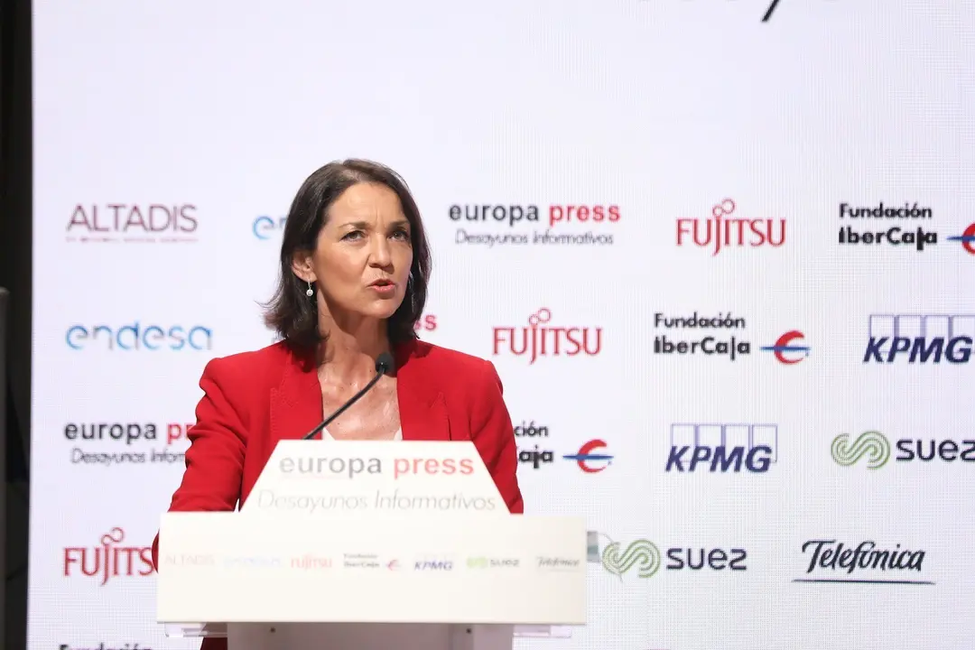 La ministra de Industria, Comercio y Turismo, Reyes Maroto, durante su intervenci&oacute;n en un Desayuno Informativo Europa Press celebrado en Espacio Villanueva, Madrid (Espa&ntilde;a), a 22 de julio de 2020.