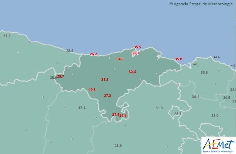 Mapa de  temperaturas m&aacute;ximas en Cantabria