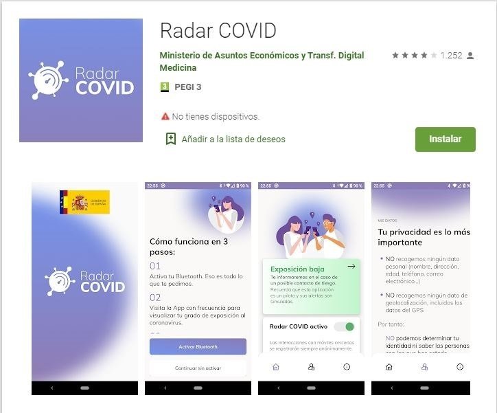 Pantallazo app Radar Covid