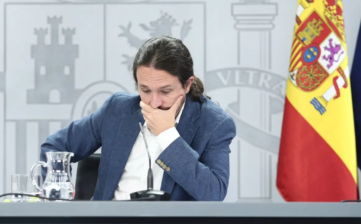 El vicepresidente y ministro de Derechos Sociales y Agenda 2030, Pablo Iglesias, durante la rueda de prensa posterior al Consejo de Ministros en Moncloa, en Madrid (Espa&ntilde;a), a 7 de julio de 2020.