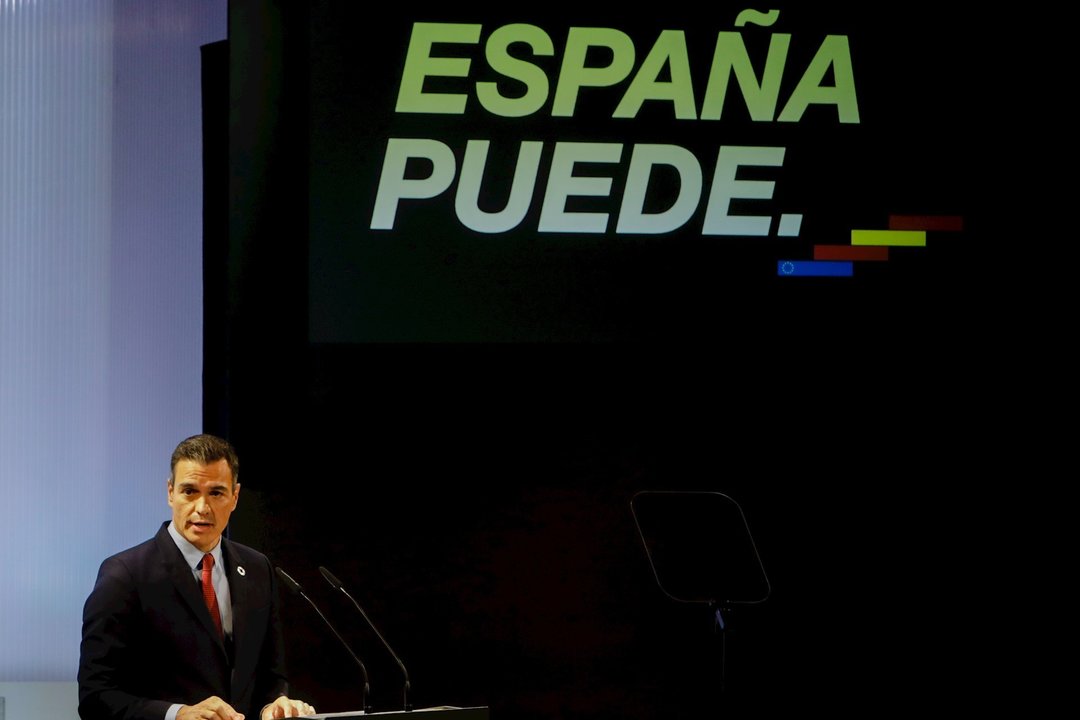 El presidente del Gobierno, Pedro Sánchez, ofrece una conferencia bajo el título 'España puede. Recuperación, Transformación, Resiliencia', en la Casa de América, en Madrid